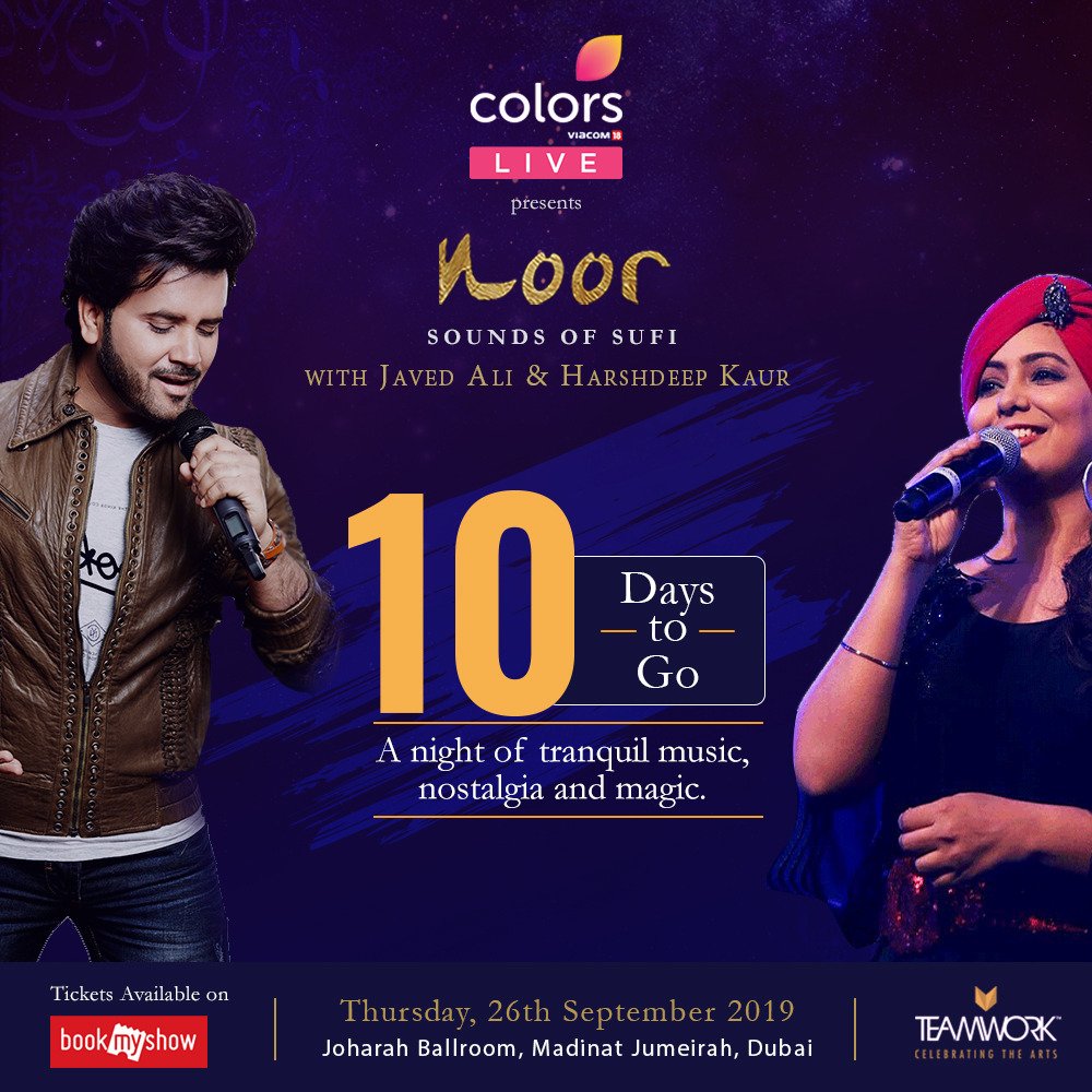 BookMyShowUAE's tweet photo. The rhythm of Sufi music unfolds in ten days! Watch the scintillating performance of @javedali4u and @HarshdeepKaur  on 26th Sept at Joharah Ballroom, Madinat Jumeirah, Dubai. Book your tickets now on https://t.co/IaRGbGHdoG. https://t.co/g171zCfSfV