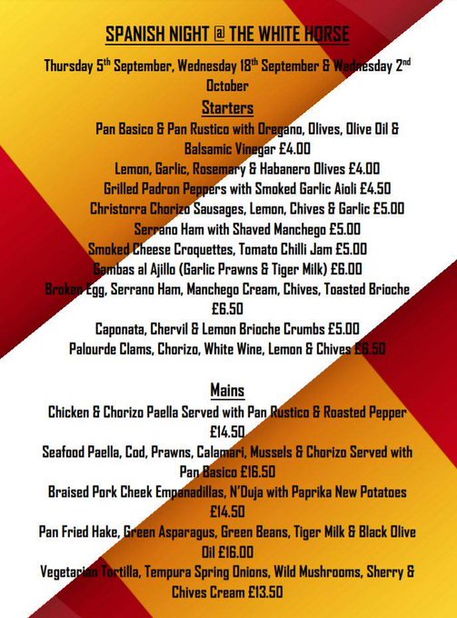 🇪🇸 Spanish Night at The White Horse 🇪🇸

The second of our Spanish nights is coming up this Wednesday. 

Call 01992 586791 for bookings.

#Spanishfood #Herts