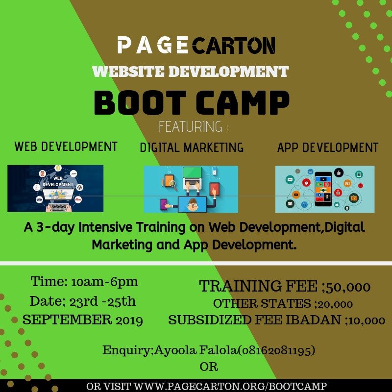 PageCarton's tweet image. Registration is ongoing!!!
Pagecarton Website Development Bootcamp 2019
September Edition👏👏
👉Register Now!!!
pagecarton.org/bootcamp   
#1touch👆 #CFAANigeria
#JumiaMallLaunch
#MondayMotivation
