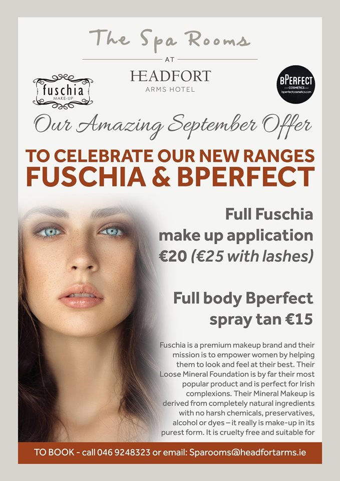 SpaRooms's tweet image. Don't miss out on our super September Special Offer! Get a Full Fuschia Make-Up Application for only €20 (or €25 with lashes) or Full Body Bperfect Spray Tan for €15. View our facilities &amp;amp; packages at headfortarms.ie or phone us on 046 924 8323 to book an appointment.