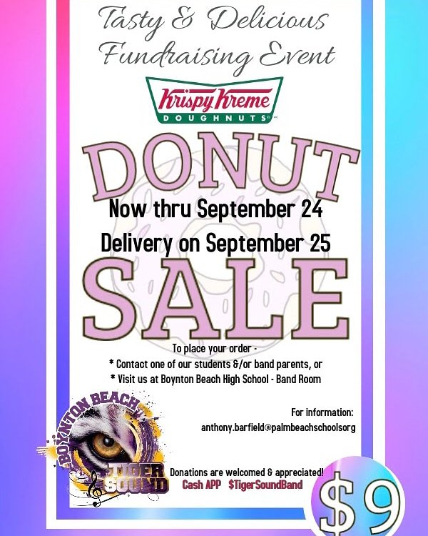 TigerSoundBand's tweet photo. Opening up for another week. Pre order you doughnuts now. Find a band member, parent or come by the band room.
Cash app is avaiable - $Tigersoundband
Donations are excepted!
#WorkingHardIsMostEssential
#PurpleAndGoldOhOhOhYouKnow
#IfATaskIsOnceBegun
Please Repost!!! https://t.co/2xTklVP9ac