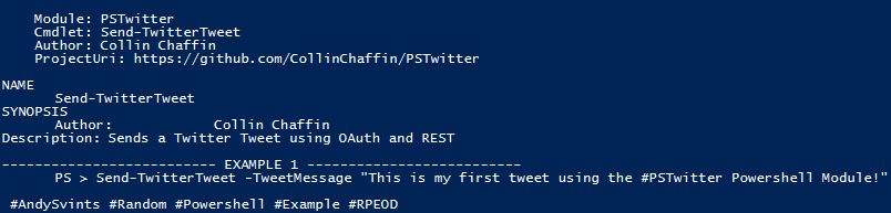 AndySvints's tweet photo. #Module: PSTwitter
#Cmdlet: Send-TwitterTweet
Author: Collin Chaffin
ProjectUri: https://t.co/VoV5KppNrY
Send-TwitterTweet -TweetMessage "This is my first tweet using the #PSTwitter Powershell Module!"
#AndySvints #Random #Powershell #Example #RPEOD https://t.co/AydLBtVFVk
