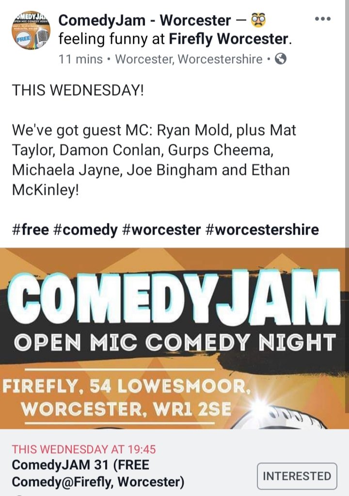 comedyjamuk's tweet photo. FREE COMEDY THIS WEDS! @TheFireflyWorc #Worcester #worcestershire #comedy #free #whatson #funny https://t.co/72d7eqeQsN