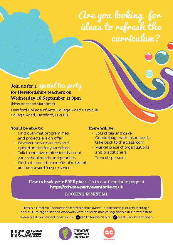 Don't forget to join us this Wednesday 18 September for our annual Tea Party at Hereford College of Arts, College Road Campus. Book your place here: eventbrite.co.uk/e/cch-tea-part… #herefordhour
