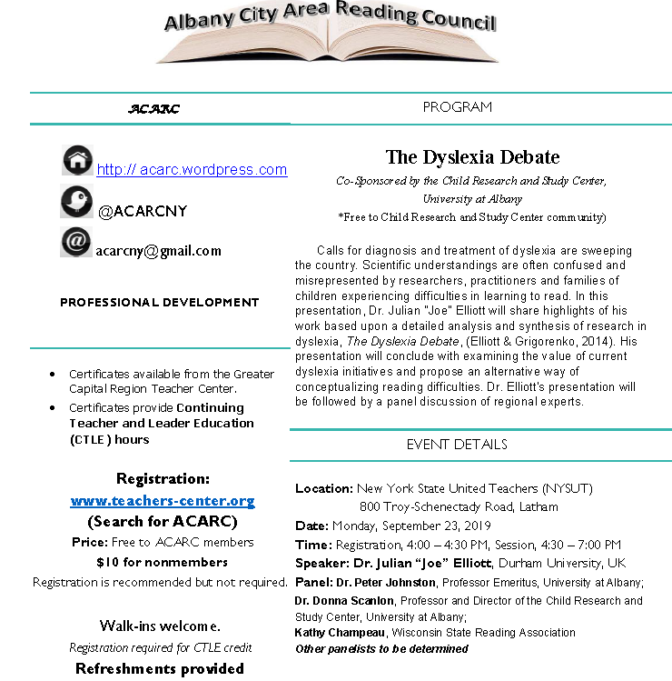 ACARCNY's tweet photo. One week from today!
The Dyslexia Debate
Dr. Julian Elliott
Dr. Peter Johnston
Dr. Donna Scanlon
And more! https://t.co/kTbHpssFdq