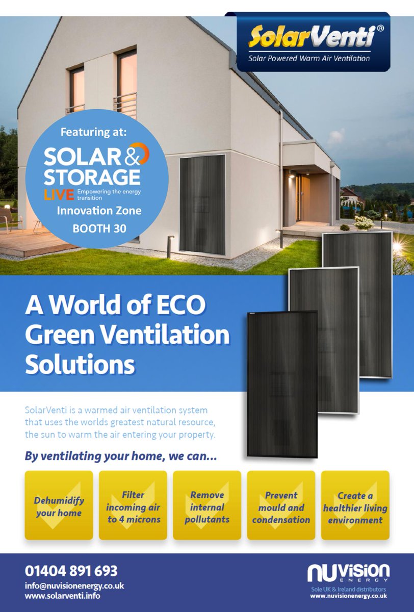 uksolarventi's tweet photo. @SolarStorageUK Discover a world of Heat Recovery and Postive input ventilation using the sun to warm the air. Innovation zone Booth 30. #solar  #innovation #ventilation https://t.co/11KSUWXS2s