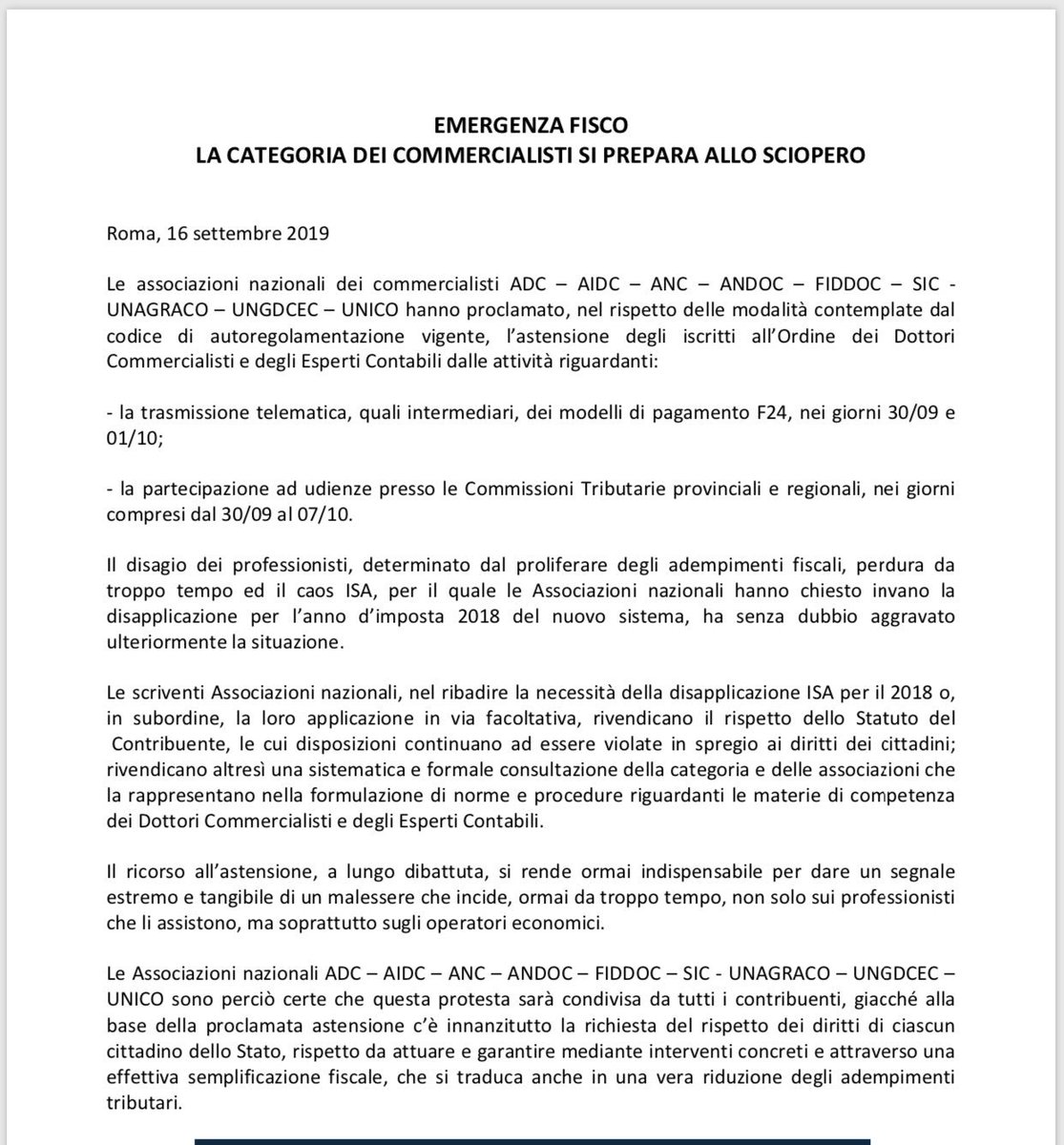 adc_nazionale's tweet image. Le associazioni rappresentative dei #commercialisti proclamano lo #sciopero per protestare contro le violazioni dello Statuto del #contribuente e l’ormai palese disagio della categoria @socialmiliac @Simo_Dal @Fede94125121 @MilanoFinanza @OGiannino @walteranedda @francescoVerbar