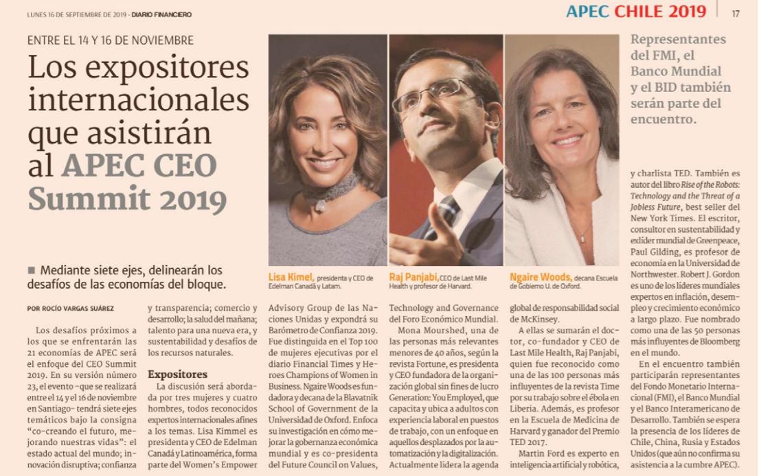Hoy en <a href="/DFinanciero/">Diario Financiero</a> una mirada a nuestros speakers invitados que nos acompañarán este noviembre en <a href="/APECCEOSummitCL/">APEC CEO Summit 2019</a>