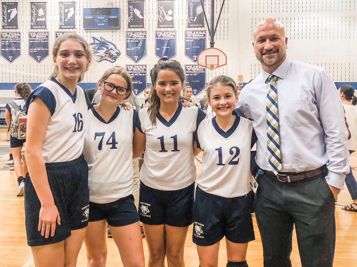LopezMSPTA's tweet photo. It’s a “win” for our 7th Grade Girls Volleyball Team over Tejeta on Thursday. Principal Wernli is our biggest fan! @LopezPanthers @AthleticsLopez @Lopez_Athletics @EricWernli @NEISD #rootEdLopez https://t.co/YZz2ttUbc4