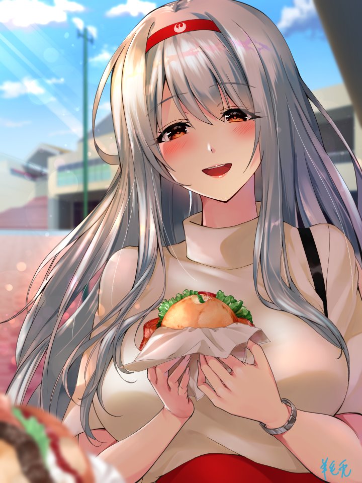 shoukaku (kancolle) 1girl food long hair solo burger brown eyes hairband  illustration images