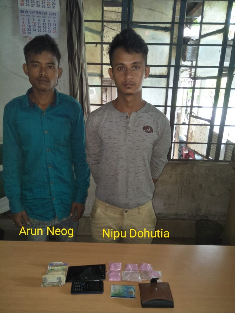 Swift action by a team from Sadiya PS led by SI(P) Manmohan Roy on 15.09.19 led to the recovery of 6 (six) packets of suspected brown sugar amounting to 27.51 gms and arrest of two persons namely Nipu Dohutia and Arun Neog on NH - 115 near Dholla-Sadiya Bridge.