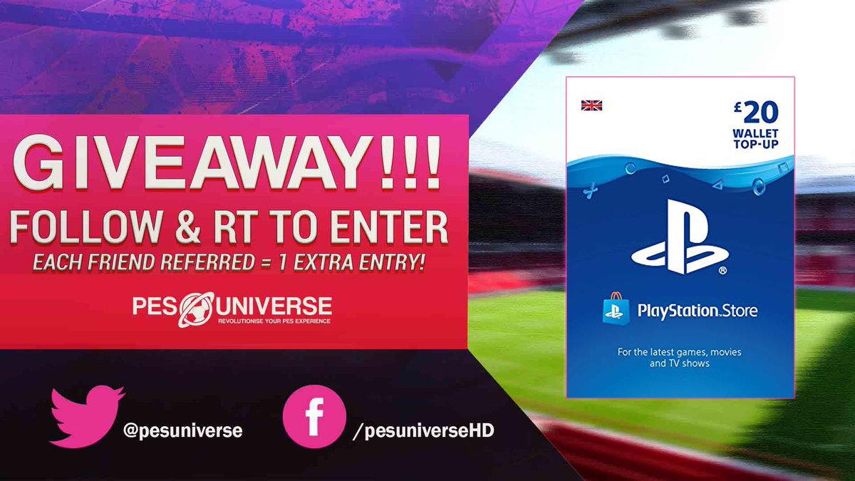 🔥 Any currency 20 PSN Card #Giveaway 🔥

To enter, simply:

👌 FOLLOW <a href="/PesUniverse/">eFootball Universe</a> 
♻️ RT
💕 LIKE

Double your chances by 🗣️ sharing and 📝 commenting #PESUniverse 

Winner picked - Thursday 16/09/2019