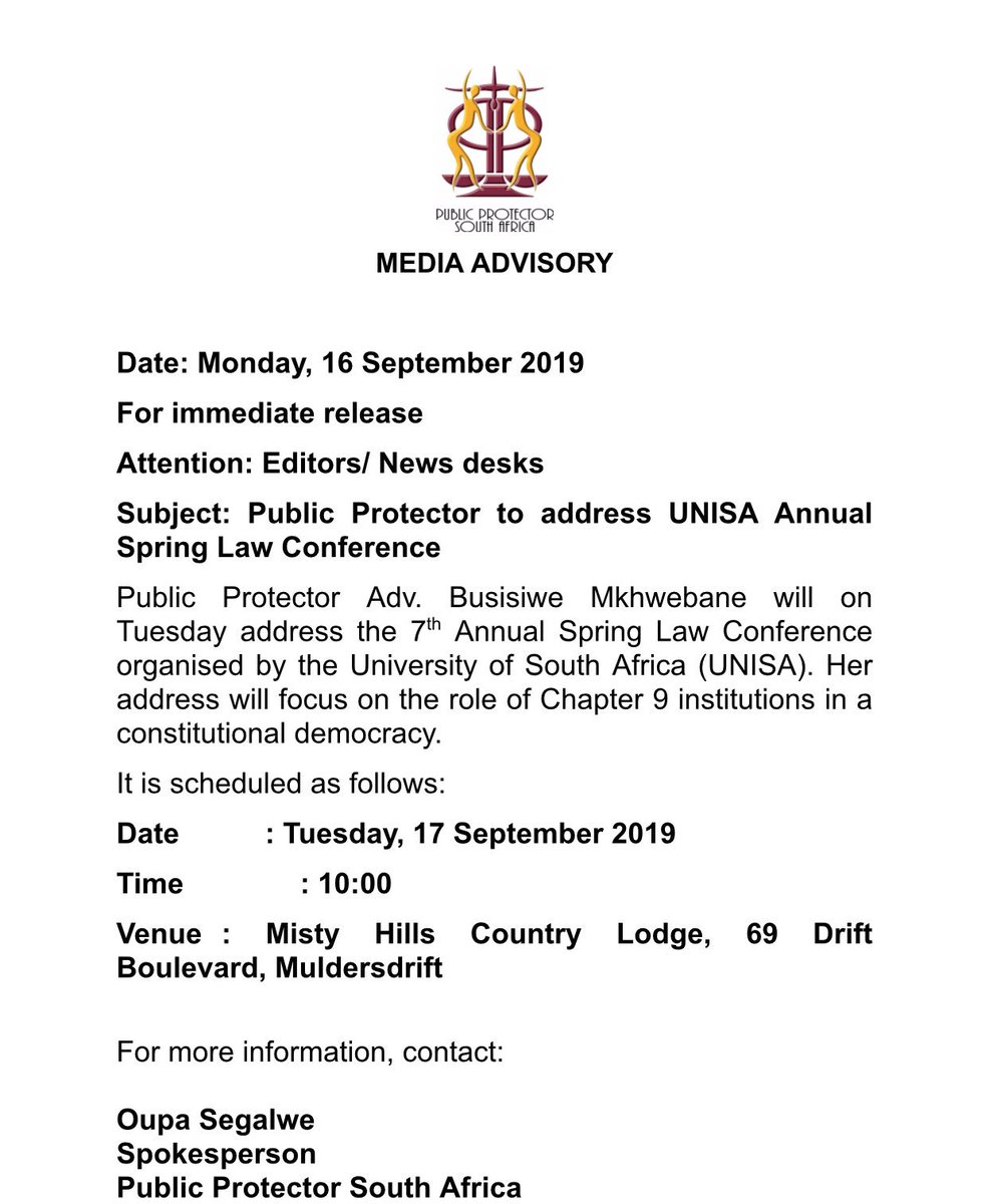 PublicProtector's tweet photo. MEDIA ADVISORY: Public Protector @AdvBMkhwebane to address UNISA Annual Spring Law Conference https://t.co/7IEWTa8KRz