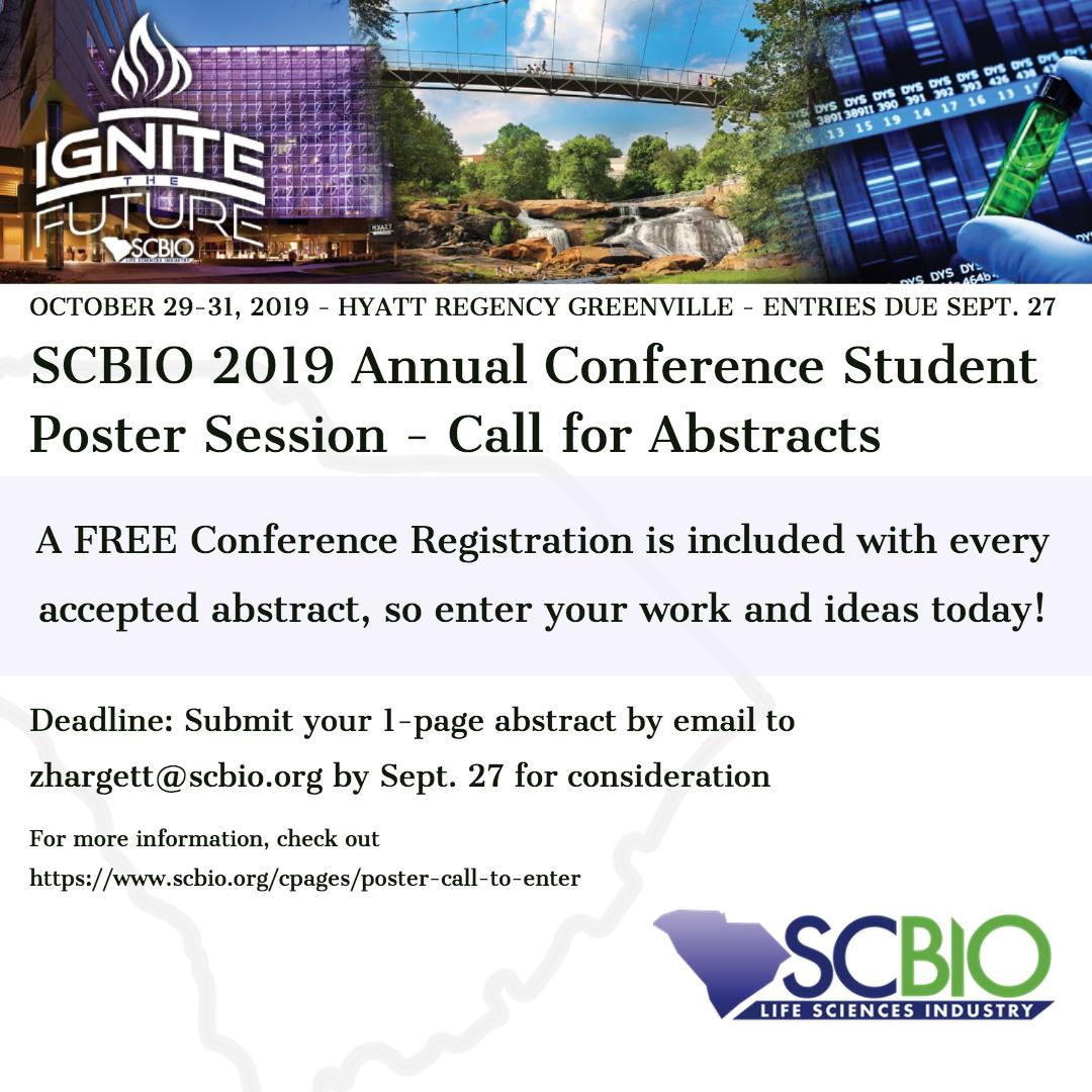 Students - do you want to showcase you research, gain industry insights, and network with over 400+ industry leaders? Introducing SCBIO's Inagural Poster Competition! A free registration with every abstract! 

#SCBIO2019 #LifeScienceWorkforce #StrongerWithSTEM #AnnualConference