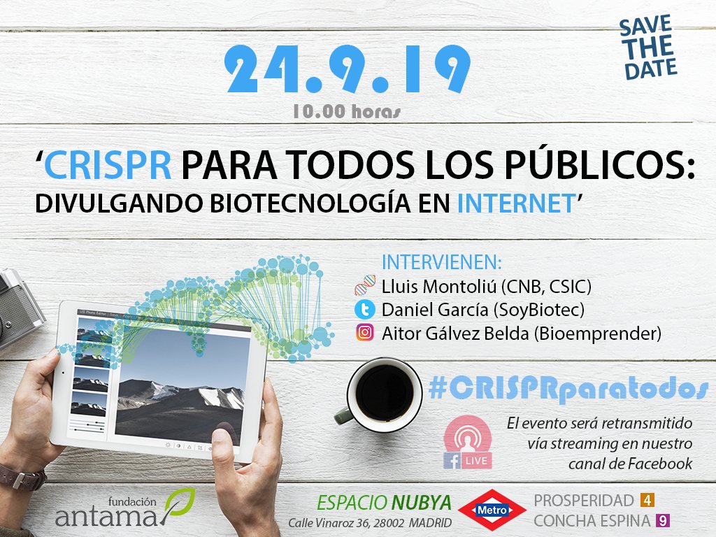 📆 Presentamos este evento para la Semana Europea de la #Biotecnología 👇

➡️'#CRISPR para todos los públicos: divulgando biotecnología en Internet'
📍24-9-19, Madrid
🎙Intervienen <a href="/LluisMontoliu/">Lluis Montoliu</a> <a href="/SoyBiotec/">Dr. SoyBiotec 👨🏻‍🎓🥳</a> @bioemprender1 

Inscripciones👉 bit.ly/2lVHjSY
#CRISPRparatodos