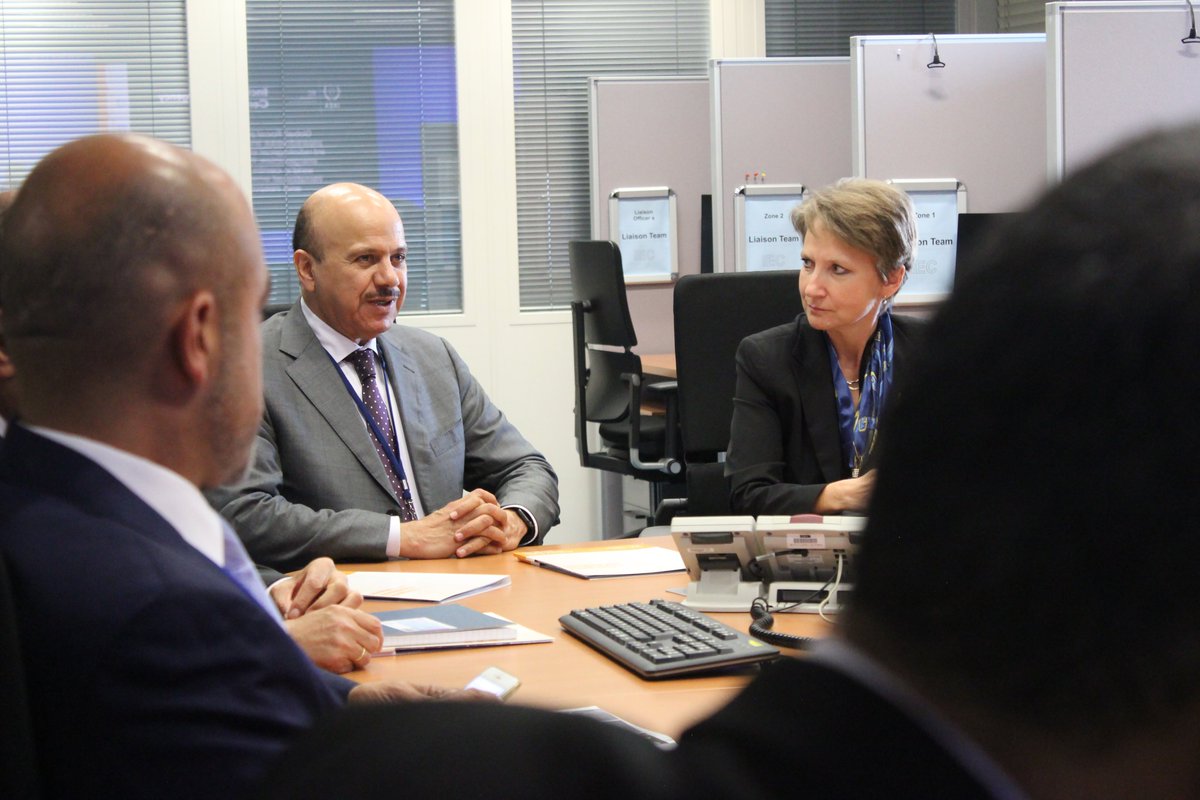 IAEANS's tweet photo. Elena Buglova, @IAEAIEC Head, welcomed HE Abdul Latif bin Rashid Al Zayani, Secretary General of the @GCC, to our operational centre today to brief on the work we do to support #emergencypreparedness and response for #nuclear and radiological emergencies in GCC countries. #IAEAGC https://t.co/qBv5DxolCR