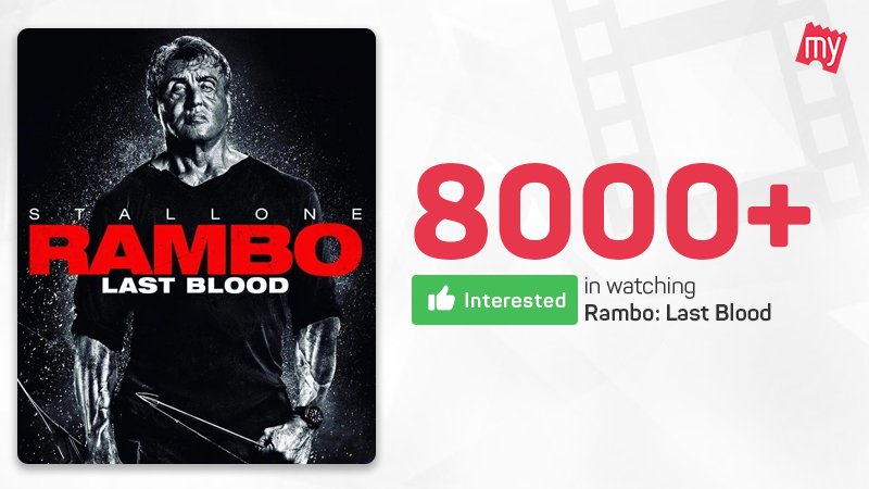 BookMyShow (@bookmyshow) on Twitter photo This Friday, get set to welcome the original #Rambo back! Planning to watch <a href="/TheSlyStallone/">Sylvester Stallone</a> in #RamboLastBlood? Click 'Interested' now: bookmy.show/RamboLastBlood2 #BMSMovies This Friday, get set to welcome the original #Rambo back! Planning to watch <a href="/TheSlyStallone/">Sylvester Stallone</a> in #RamboLastBlood? Click 'Interested' now: bookmy.show/RamboLastBlood2 #BMSMovies