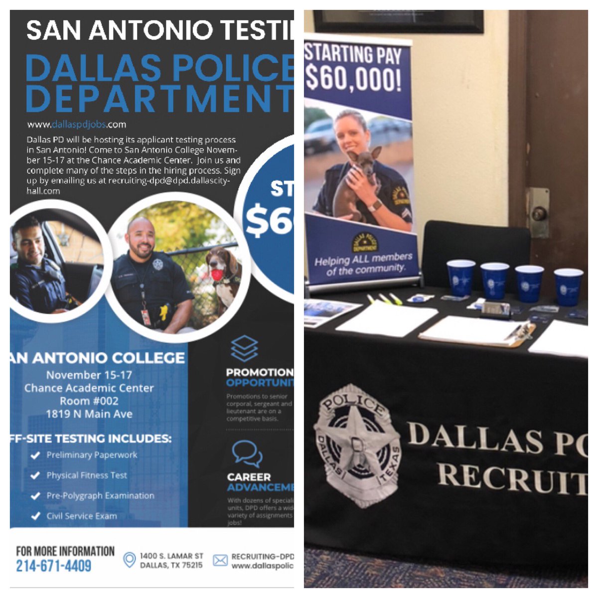 DPDRecruiting's tweet photo. Dallas PD Recruiters @DPDDane and @DPDAranda are set up at the Family Readiness Center @JBSA_Official-Randolph. Come talk with us about your future with Dallas PD and the upcoming testing in San Antonio. We are here until 2:00 pm. #IsItInYou #StartingPay60K https://t.co/aYya4vl7Mu