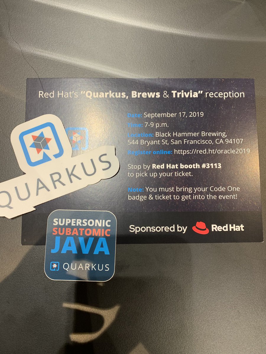 rhdevelopers's tweet image. Stop by the #RedHatDeveloper booth at #CodeOne for all things @QuarkusIO - Stickers, talks, tutorials, and more.