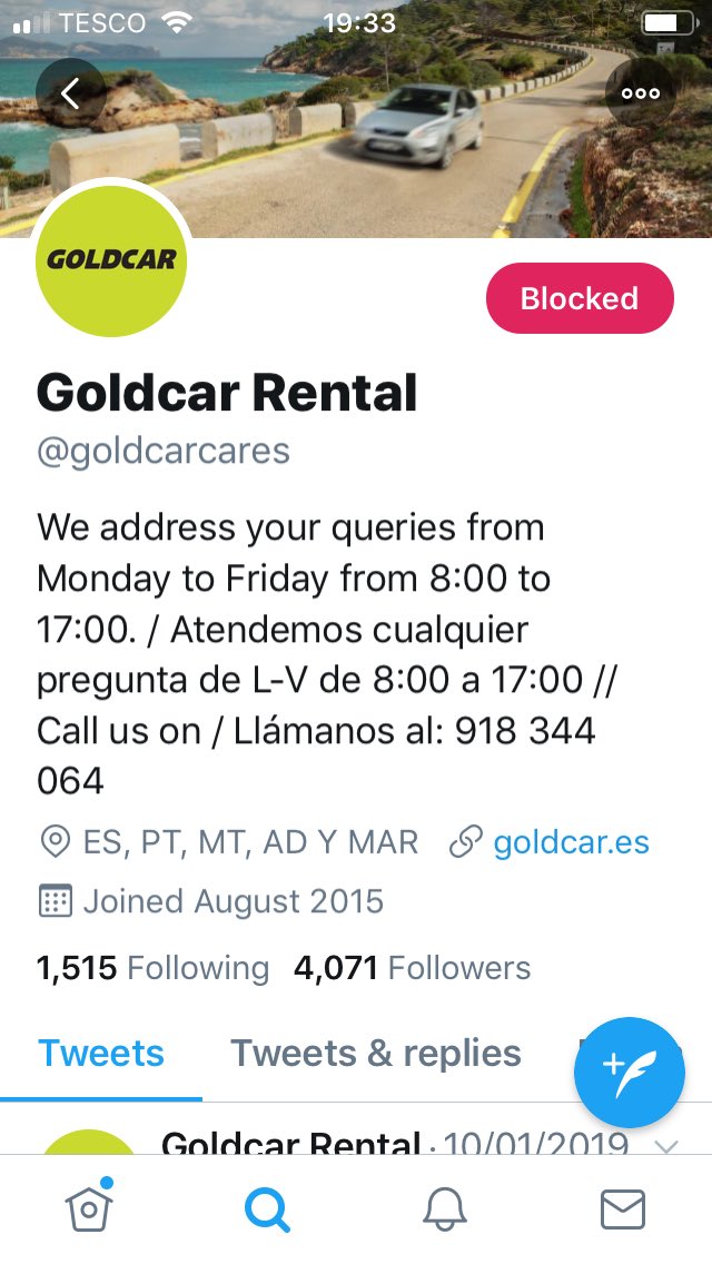 WomersleyM's tweet photo. I’m blocked from Goldcar 😂😂😂😂that’s customer services for you ! https://t.co/uwXAPLSs4M