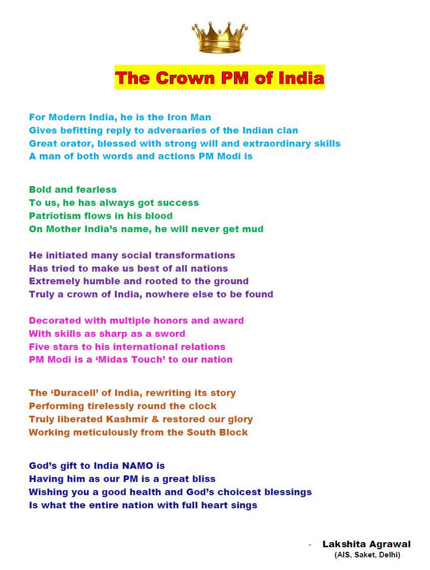 HimaniAggarwal6's tweet photo. Dear @narendramodi ji, 

Poem written by my 11 yrs old daughter 'Lakshita' to wish you #happybirthdaymodi !!

Hope you like it...

@PMOIndia 
@BJP4India 
@AmitShah 
@JPNadda 
@AmitySaket @timesofindia https://t.co/HvOEQaIzsj