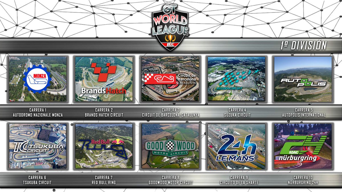 🔴III #GTWorldLeague

‼️Este es el calendario de 1ª División al que se tendrán que enfrentar los equipos!

🥳Cada una con sus condiciones de carrera específicas pensadas para que sea todo un espectáculo tanto para los participantes como para los espectadores.

❤️#LEC #lecesports