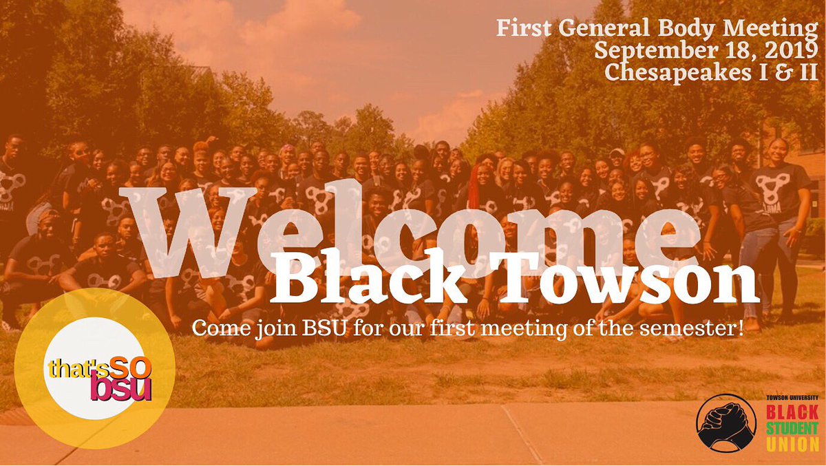 TowsonBSU's tweet photo. ‼️WELCOME BLACK TOWSON‼️ Come out THIS WEDNESDAY for our first meeting of the semester! 🖤💛 Meet your BSU board members as well as our amazing subgroups! THIS WEDNESDAY @ 5 in CHESAPEAKES I &amp; II, we can’t wait to meet you all and for you to join the family! 💫 https://t.co/4xS1wLg5TF