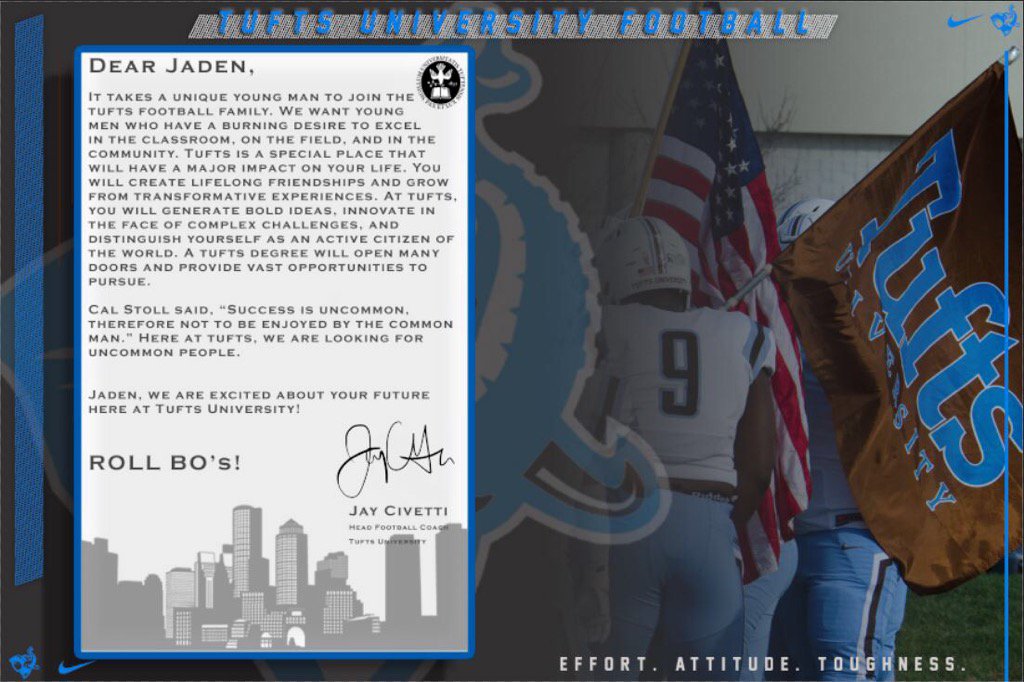 Jaden_Rich5's tweet photo. Excited to announce that I have committed to the admissions process at Tufts University. Sincere thanks to @MenloKnights for putting me in this position and to @CoachCivs, @CoachRandy_Rt, and the Tufts football staff for this opportunity! Roll Bo’s! https://t.co/c9GoEc16np