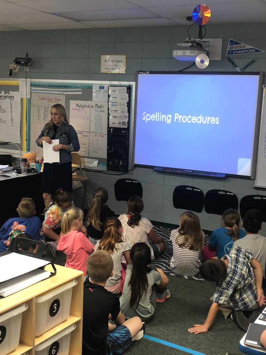 MP4teacher's tweet photo. Mrs. McClure introducing this year’s spelling procedures to MP 4th graders this afternoon. 📚💻@caitlinemcclure @mpqripon #ripon4th #riponwiproud https://t.co/HHzZVHtBzX