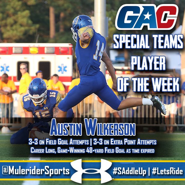 Game Winner ✔
Career Long ✔
Player of the Week ✔

Congrats to Austin Wilkerson for being named the GAC Special Teams Player of the Week!

#GoMuleriders #RideWithUS