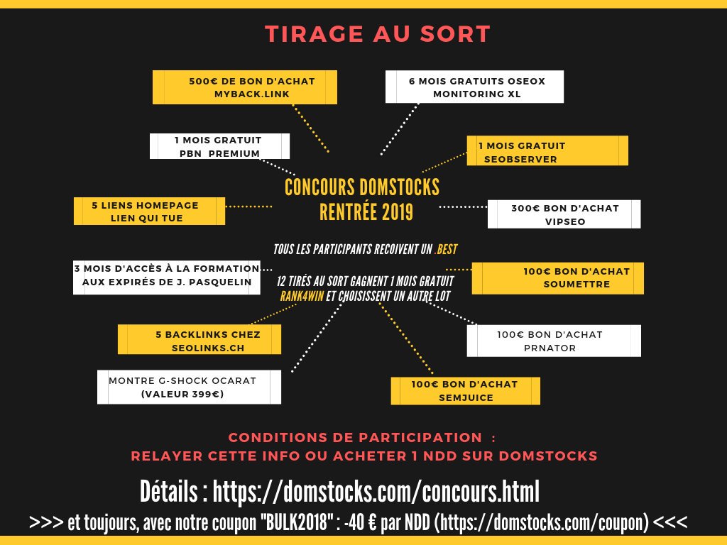 netlinking's tweet image. Jeu-concours Domstocks rentrée 2019
domstocks.fr/concours.html
#NDD #Domstocks #NomdeDomaine
@onlinestratfr