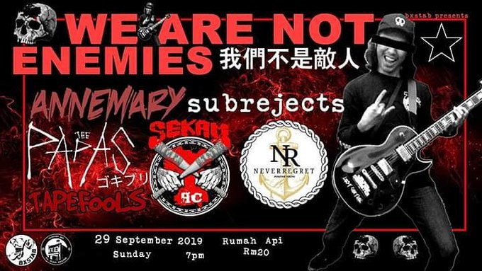 Jenn_Thompson's tweet photo. #KL SUNDAY September29, 2019 WE ARE NOT ENEMIES 830pm RumahApi (A-1804, MenaraA, Persiaran MPAJ) #PandanIndah ft. @Annemaryhc #Subrejects #ThePapas @sekamklhc @NeverRegrethc #Tapefools https://t.co/vRmBqqK6lV