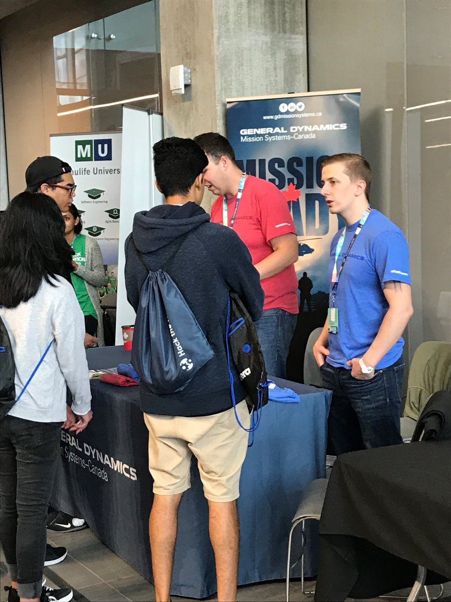GDMS_C's tweet photo. We attended @HacktheNorth @UWaterloo this weekend with over 1,500 students from across the globe. Throughout the 36-hour hack-a-thon, our team chatted with attendees about #LifeatGD + our co-op/career opportunities. Missed the show? Email recruitment@gd-ms.ca. #YourHacktheNorth https://t.co/DRWau935yB