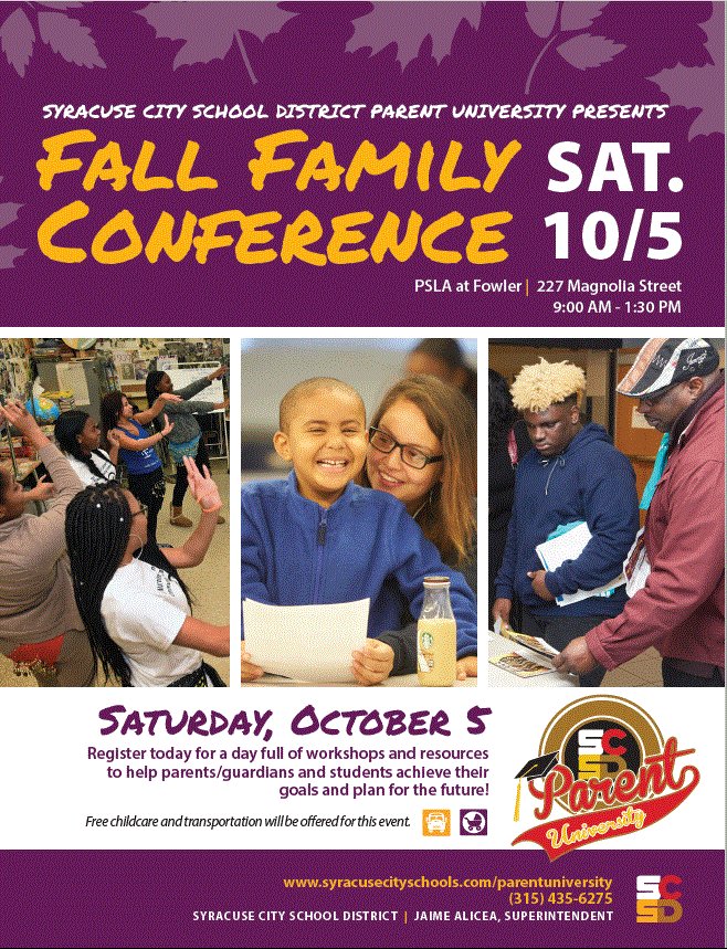 SCSDParentU's tweet image. Syracuse City School District Parent University Presents:
Fall Family Conference: Saturday, October 05, 2019
PSLA at Fowler | 227 Magnolia Street
9:00 AM - 1:30 PM

Click to register forms.gle/KLZ8E6xohs7FA5… or 315-435-6275