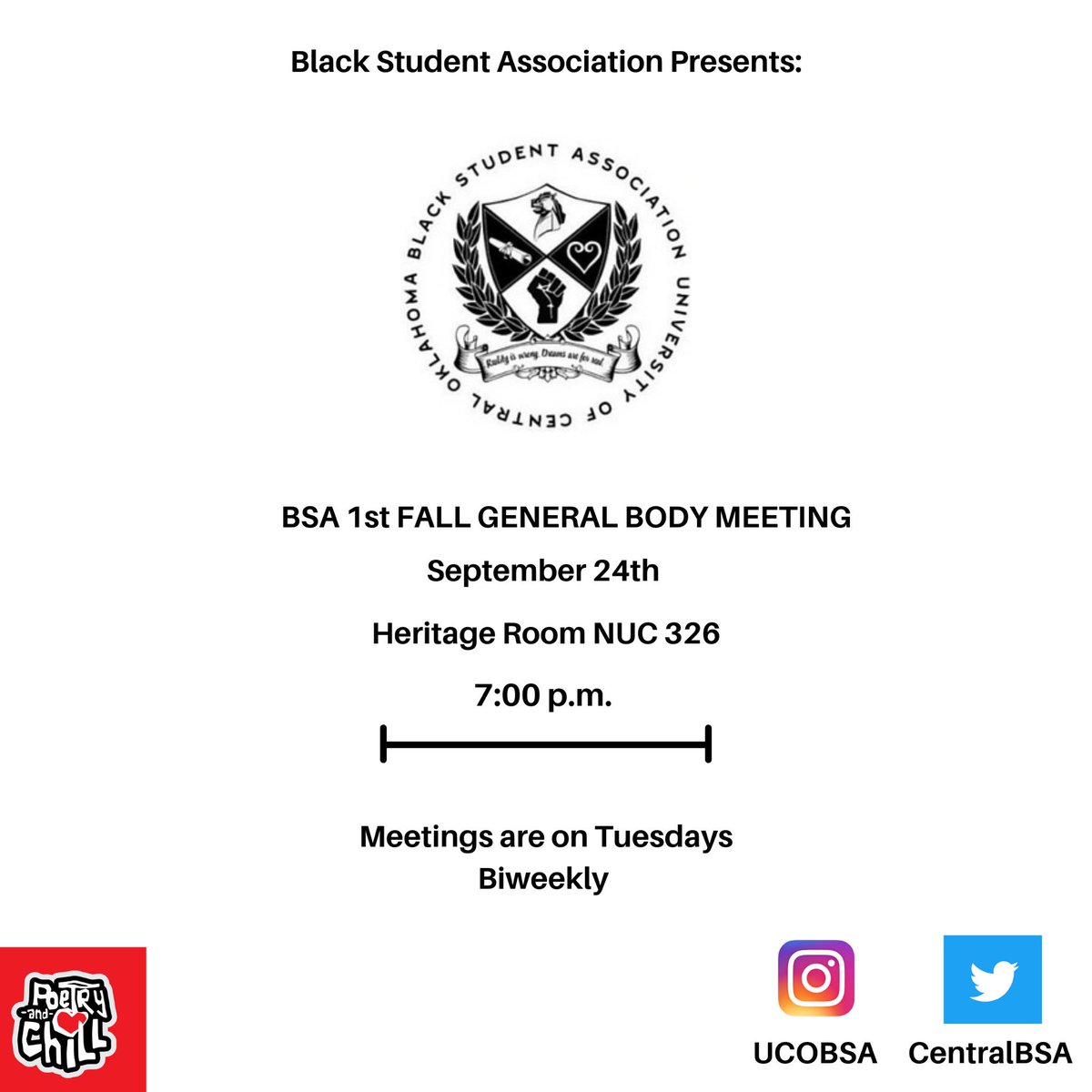 CentralBSA's tweet photo. Thanks everyone for rocking with us during Welcome Black Week! We hope you all had just as much fun as we did. Next: Our 1st GB Meeting partnered with Poetry and Chill as they come in with a workshop. The day after will be an open Mic Night so be prepared to come with some 🔥 https://t.co/ItuHntX86B