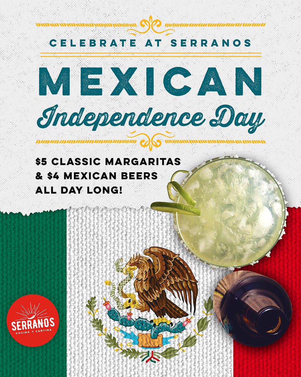 SerranosAustin's tweet photo. Today, we celebrate Mexican Independence Day at all Serranos Restaurants with all-day specials on Mexican beers and classic margaritas! 🇲🇽 https://t.co/FBiBVwZgS1