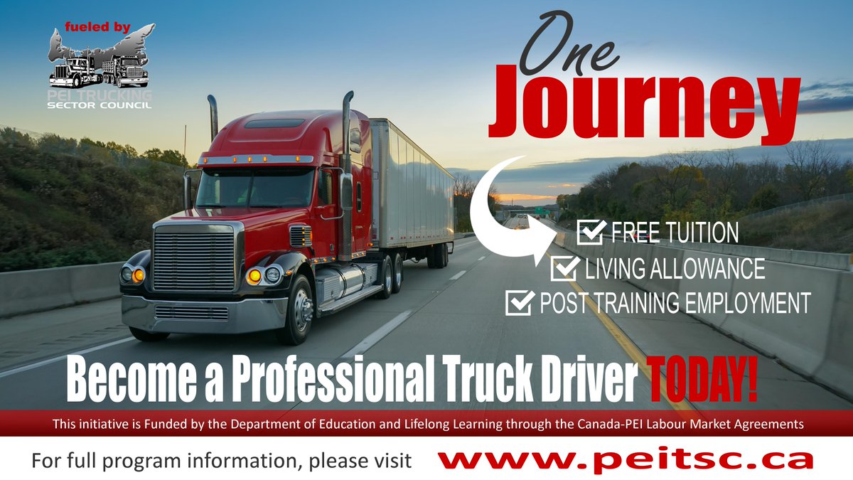 peitsc's tweet photo. We are seeking 6 people to pilot our One Journey Model. This program covers full cost of tuition for 12 week driver training program as well as provides a weekly living allowance. You will be hired by employer prior to training. Sign-up today! #PEI #PEItrucking #peijobs #peitsc https://t.co/NBMpTM3qqk