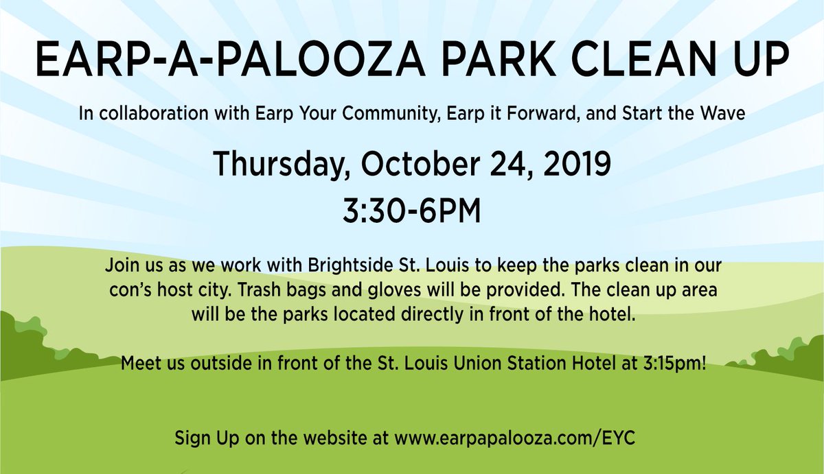 Earpapalooza's tweet photo. #Earpers - Join us as we #EarpYourCommunity and clean up the parks in our con's host city of St. Louis, MO on Thursday before #Earpapalooza! @earpitforward @StartTheWave 

Please sign up at the link here: https://t.co/ZaaXL3Y9id https://t.co/BCmfXxbuYK