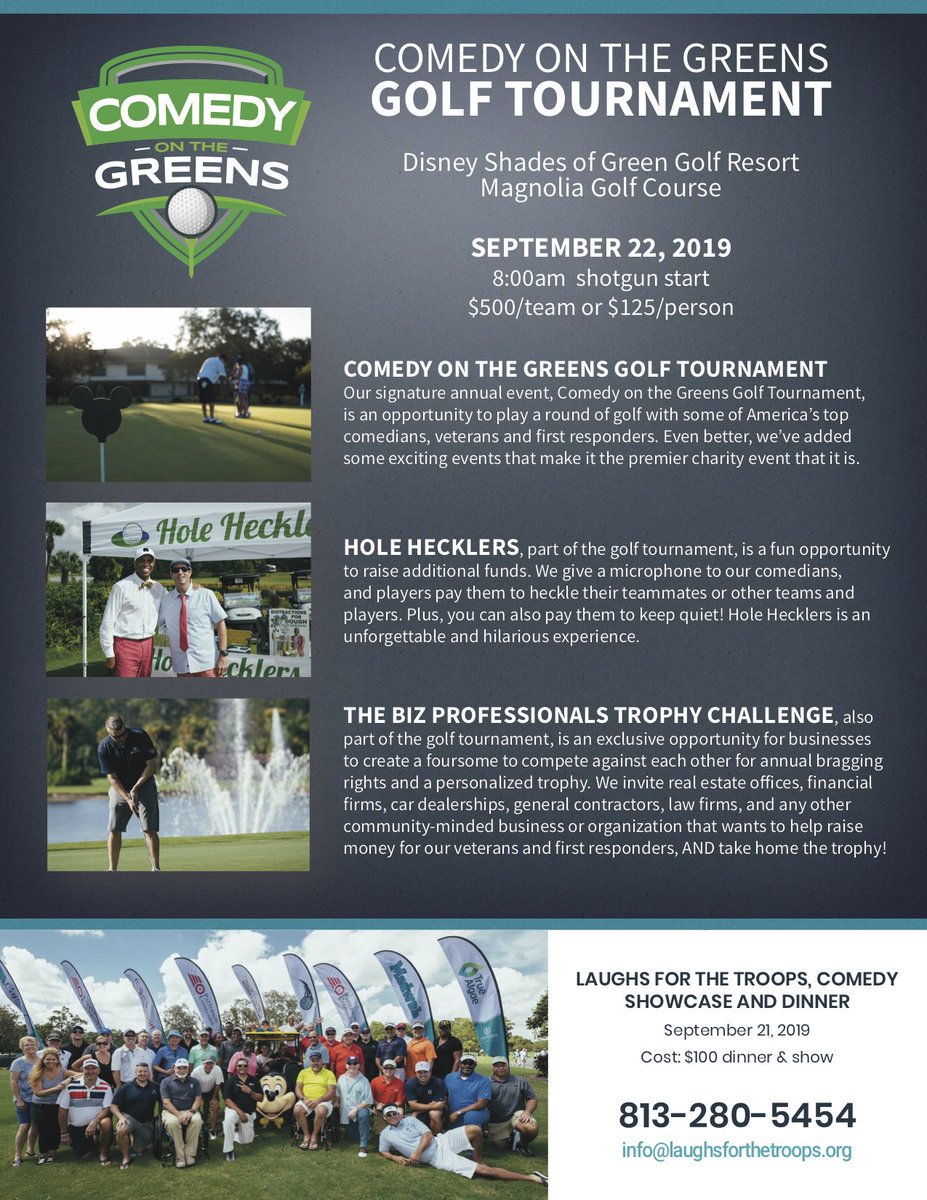 Funniest Night in America &amp; Comedy on the Greens golf tournament will be in the #Orlando area this Fri-Sun! #Veterans &amp; #FirstResponders can attend for free; email info@laughsforthetroops.org for info.

RT to spread the word!

#LaughterHelps #LaughterHeals

#MilitaryMonday