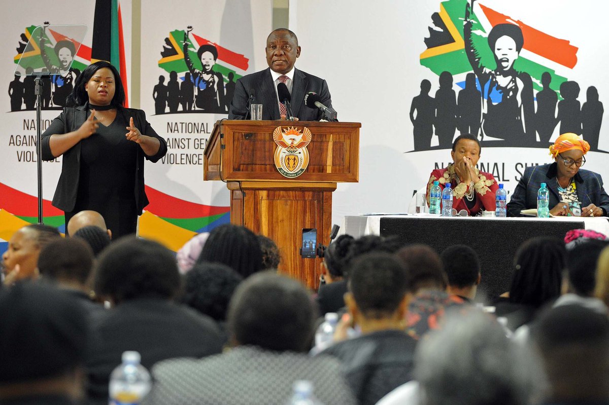 PresidencyZA's tweet photo. The President is expected to provide an update on the work that has been done to date on the implementation of the Declaration emanating from Presidential Summit on Gender Based Violence and Femicide held last year. #EnoughIsEnough #GBVSummit #GBVFDeclaration https://t.co/UeuhXxARXu