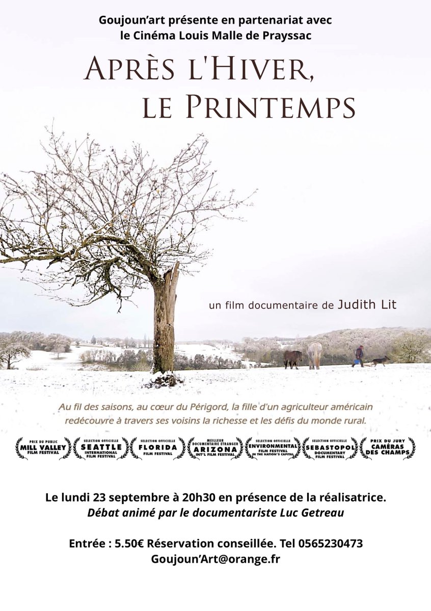 AfterWinterDoc's tweet photo. SCREENING IN THE LOT REGION
Thrilled to share that After Winter, Spring will be screening at the Cinéma Louis Malle in Prayssac, hosted by Goujoun’art, on Monday, 23 September at 20h30!

For tickets, contact Goujoun'art via phone or email:
Tel 05 65 23 04 73
goujoun’art@orange.fr https://t.co/DttSyquQP9
