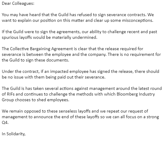 GuildatBIG's tweet image. Several of our colleagues that were laid off by @BBGIndustry have been called by Human Resources being told that we are not signing separation agreements. We wanted to share our position on this. Please see the note below from @fatimathefatima