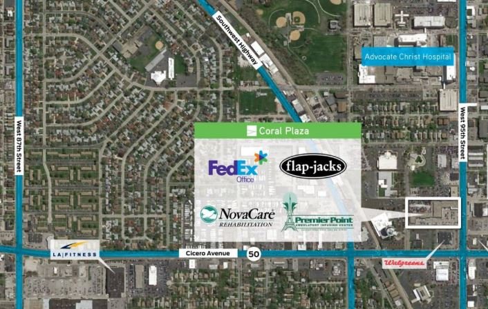DLCManagement's tweet photo. Coral Plaza is located on the NE corner of Cicero Ave &amp; 95th St - traffic count of 90,000 VPD. Current tenants include @FedExOffice, @novacare, Flap-Jack’s Pancake House and more. For more info &amp; questions, click here: https://t.co/WgxTLB0b2d 

#ICSCChicago #retail #leasing https://t.co/k82sr4uETF
