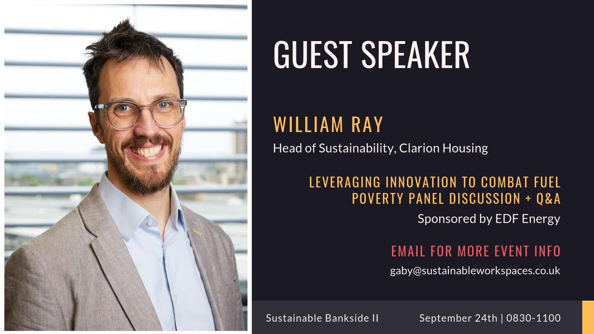 SusVentures's tweet photo. Excited to announce William Ray as the guest speaker for next week's #fuelpoverty event #SBII @Clarion_Group @edfenergy @Guru_Sys @power_vault @Airex_vents @enhabitfeed @MyRadbot 

https://t.co/X5koL7bt2q

#proptech #innovation #rsvp #panel #sustainability #UK https://t.co/asuK45fqxq