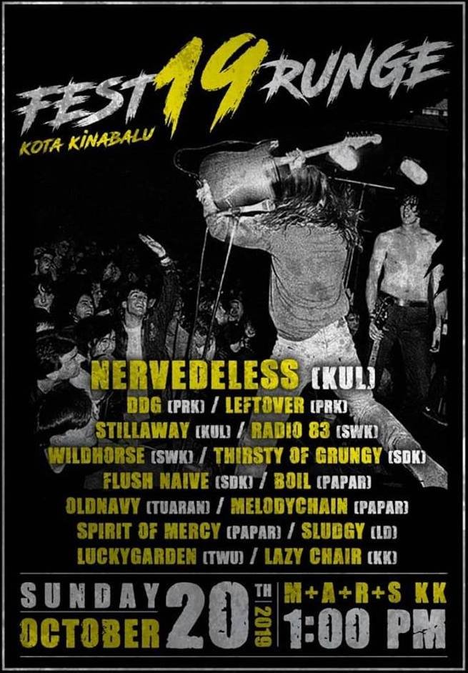 Jenn_Thompson's tweet photo. #SABAH SUNDAY October20, 2019 FEST19RUNGE 1pm MarsKK (Lot22, 2ndFloor, BornionCentre, JalanKolam), Luyang) #KK ft. @Nervedeless #DDG #Leftover #Stillaway @UKIRANRADIO83 #Wildhorse #ThirstyOfGrunge @flushnaive #BOIL #OldNavy #Melodychain #SpiritOfMercy #LuckyGarden #LazyChair https://t.co/fObArrFdj2