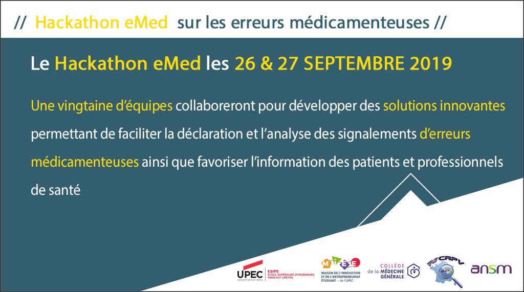 ansm's tweet photo. #Hackathon_eMed - 26 et 27 septembre

Nous organisons avec @UPECactus et @LeCollegeMG, le premier #hackathon sur les erreurs médicamenteuses pour faciliter leur déclaration, favoriser leurs analyses et soutenir le partage d'expérience

➕ d'info: https://t.co/gnzL2fRbL0 https://t.co/wqCXgrcSdD