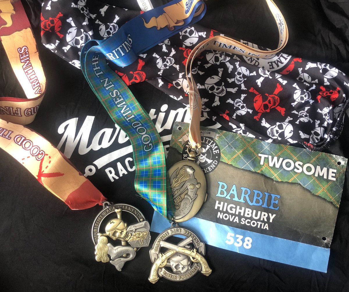 BarbieDunphy's tweet photo. It’s medal Monday!! Had a great time again this year @MaritimeRaces @CanadianRunning Best run ever even if we had to walk because if an injury #needanewknee #allaboutthebling https://t.co/WdxBGmzzbi