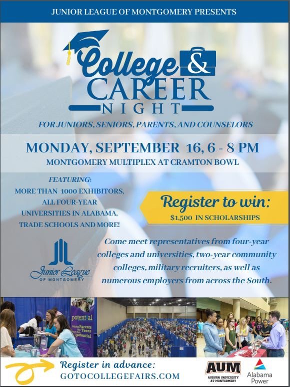 The Junior League of Montgomery will host its annual College and Career Night on September 16, 2019, at 6 PM!!! Please come out and get valuable information on colleges, scholarships, and financial aid information. <a href="/PrincipalAMarsh/">Lee High Principal</a> <a href="/MPSAL/">Montgomery Public Schools</a> #MPSMovingForward