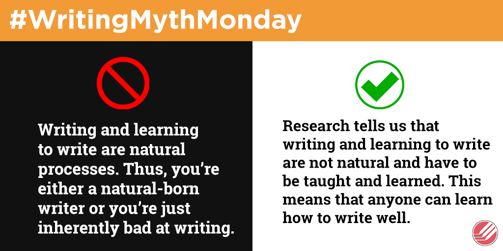 HCWEMiami's tweet photo. Today's #WritingMythMonday is one that many of us have likely experienced: That you're either a natural-born writer, or you're just inherently bad at writing. Believing that you're an inherently good or bad writer hides the truth that writing is always taught and learned! https://t.co/cEtDQh6Asy