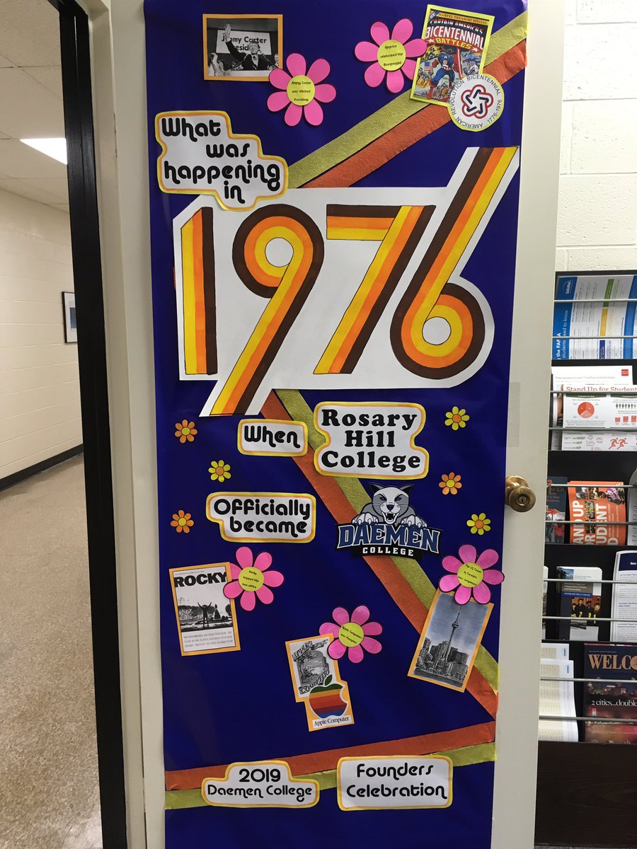 DaemenFinAid's tweet photo. Stop by to check out our #FoundersCelebration door! See what was happening the year #RosaryHill became #DaemenCollege! #financialaid https://t.co/IAomikMsyK
